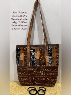 NEW CHRISTIAN BIBLE QUOTES HANDMADE QUILTED TOTE BAG W/BLACK GLASS BRACELETS 4p
